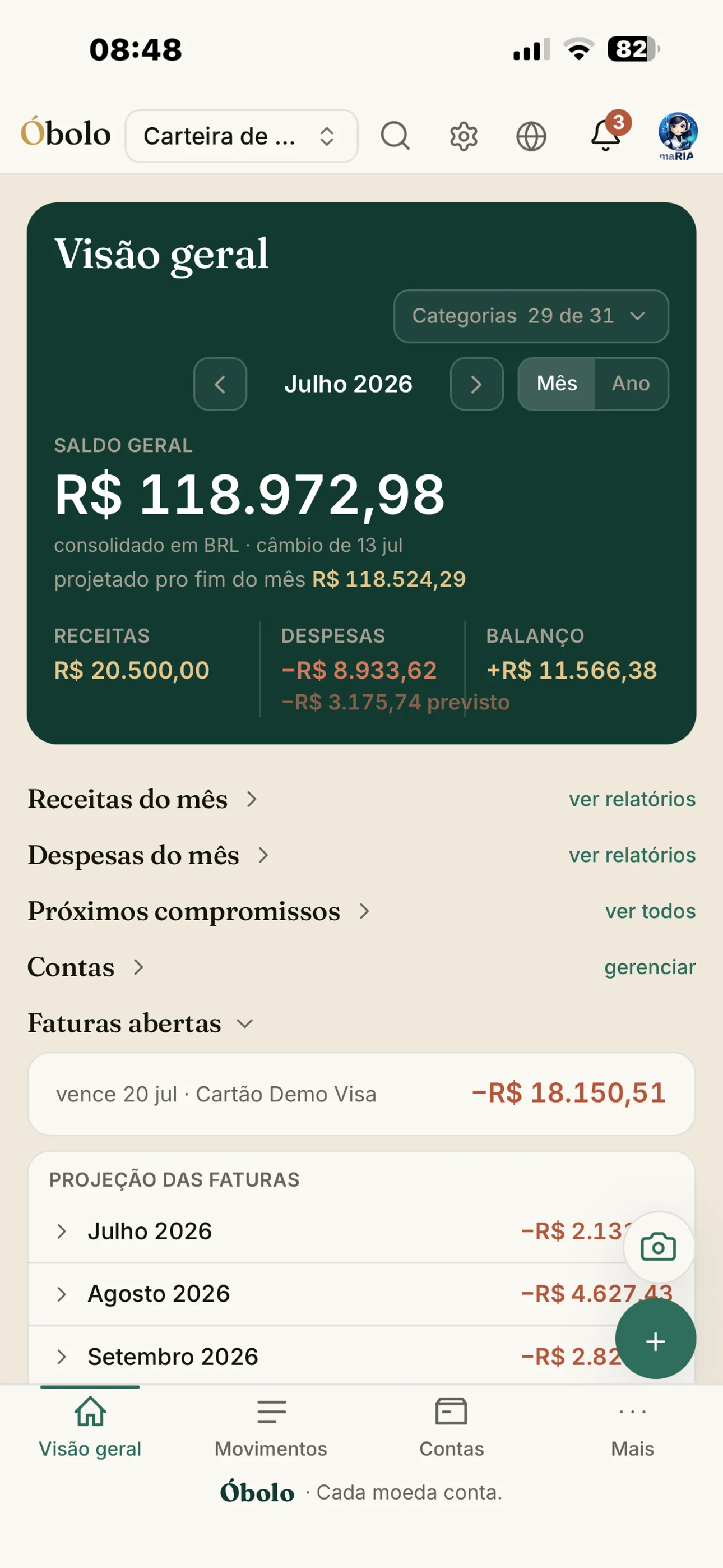 Visão geral do Óbolo, conta de demonstração, sem dado de usuário real.